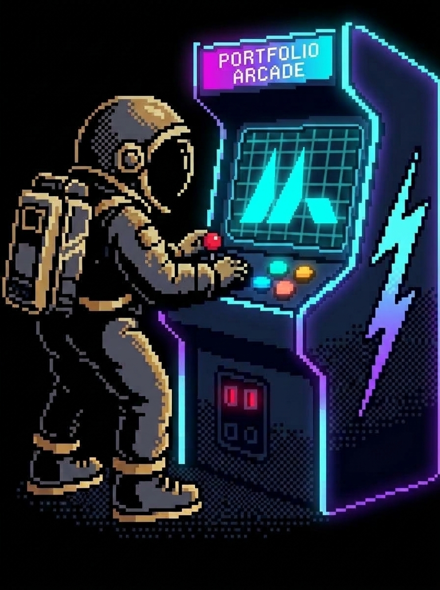Full height 8-bit pixel art of spaceman playing the John Justice portfolio reel arcade cabinet